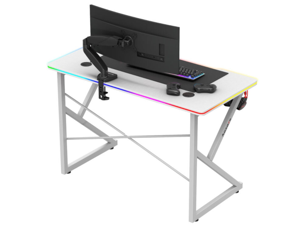 Biurko gamingowe HUZARO Hero 1.7 RGB Biały prezentacja biurka od tyłu na białym tle z akcesoriami centrum dowodzenia gracza oświetlenie LED 366 trybów efektów indywidualny charakter kolorowe podświetlenie ogranicza uczucie przeciążenia wzroku
