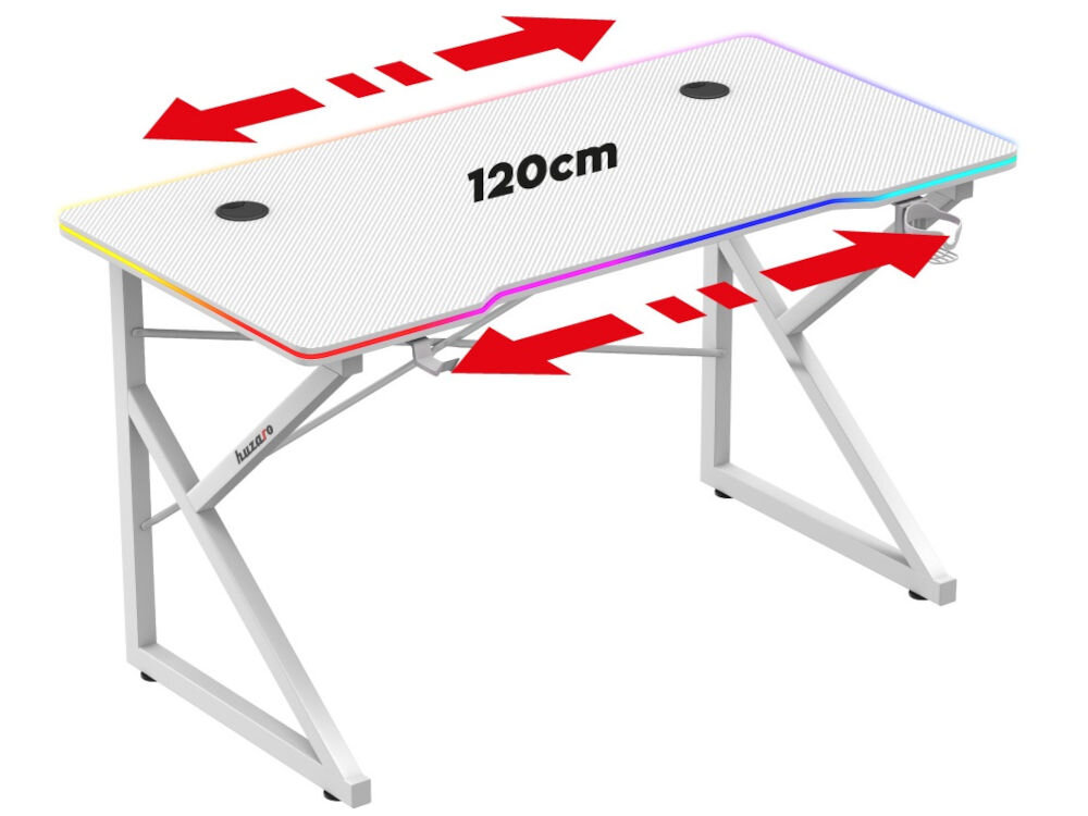 Biurko gamingowe HUZARO Hero 1.7 RGB Biały prezentacja biurka na białym tle napis na blacie 120 cm funkcjonalność styl