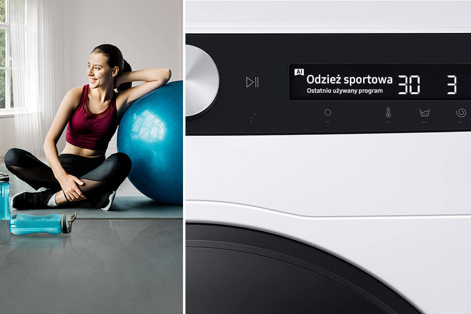 Personalizacja ustawień i parametrów Kobieta na siłowni oraz zbliżenie na Panel Al Control pralki Samsung WW80T534DAEAS6