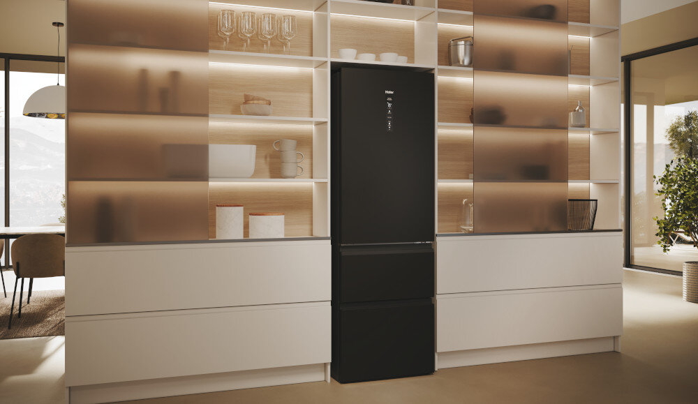 LODÓWKA HAIER HTW5618ENPT 3D lifestyle front trzydrzwiowa zamknięta kolor czarny 3 wymiary perfekcji zabudowa kuchenna meble
