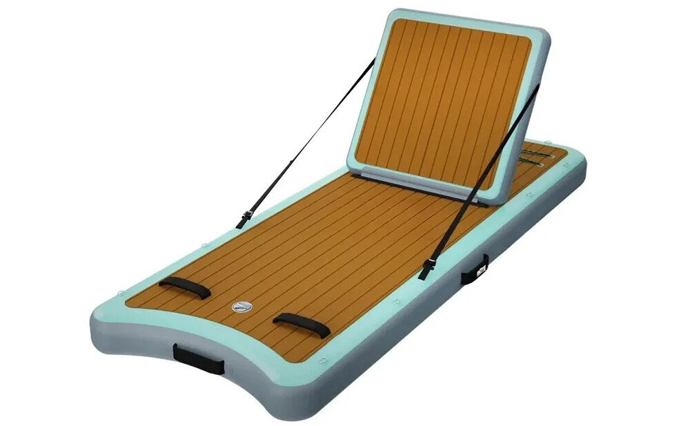Dmuchany leżak EXTRALINK EX.23469 leżak na białym tle widoczny od przodu pod skosem do odpoczynku na jeziorze, basenie oraz w morzu wymiary 245 x 91 x 15 cm większa powierzchnia podparcia ogranicza uczucie zapadania się