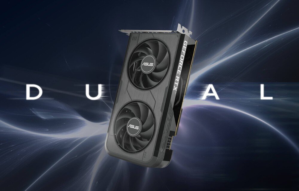 Karta graficzna ASUS Dual GeForce RTX 5050 OC Edition 8GB Artystyczna wizualizacja karty graficznej na ciemnym tle z napisem 'DUAL' w tle