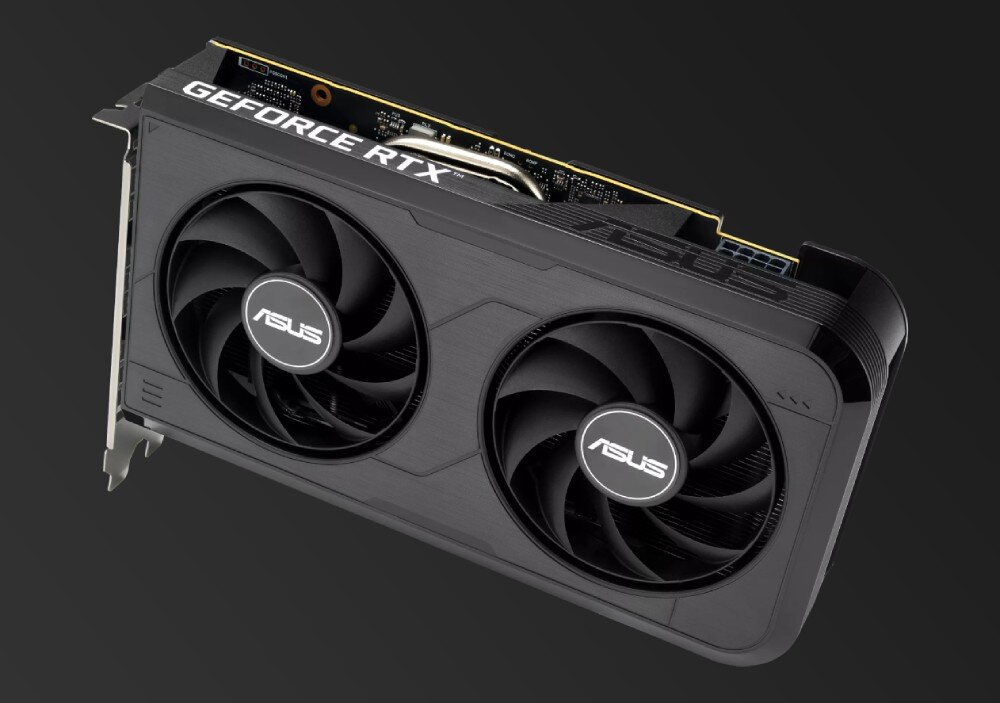 Karta graficzna ASUS Dual GeForce RTX 5050 OC Edition 8GB Front karty graficznej z dwoma wentylatorami osiowymi i logiem na środku