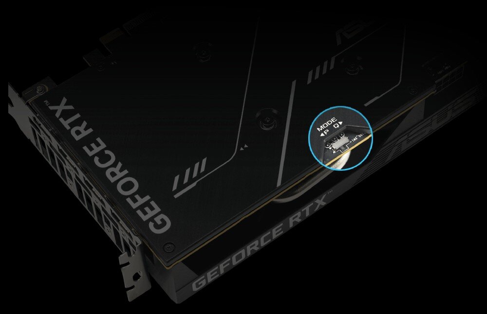 Karta graficzna ASUS Dual GeForce RTX 5050 OC Edition 8GB Zbliżenie na mały przełącznik trybów pracy umieszczony na płytce drukowanej