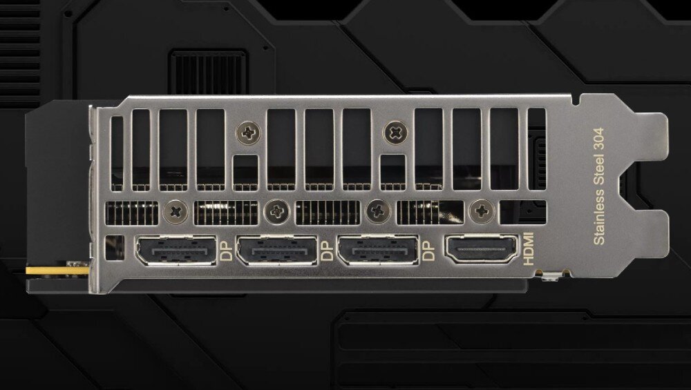 Karta graficzna ASUS Dual GeForce RTX 5050 OC Edition 8GB Metalowy panel złączy z wyciętymi otworami wentylacyjnymi i portami wideo