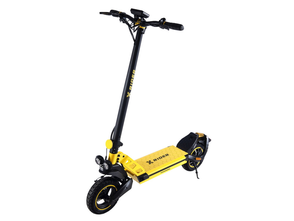 Hulajnoga elektryczna XRIDER F10 Czarno-żółty rama z aluminium lekka sztywna bardzo trwala odporna na korozje maksymale obciazenie do 120 kg stopien szczelnosci IPX4