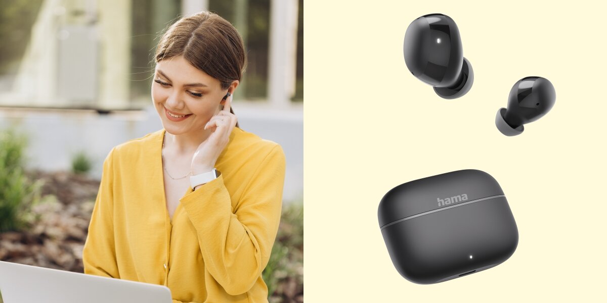 Słuchawki dokanałowe HAMA Freedom Buddy II - Rozmowy bez zakłóceń, ENC, Zintegrowany mikrofon, osoba z założonymi słuchawkami dokanałowymi