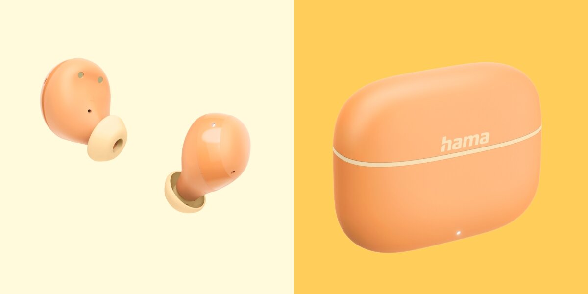 Słuchawki dokanałowe HAMA Freedom Buddy II - Intuicyjna obsługa, Dotykowy panel, sterowanie odtwarzaniem i połączeniami, Bluetooth, słuchawki na jasnym tle, etui ładujące na żółtym tle