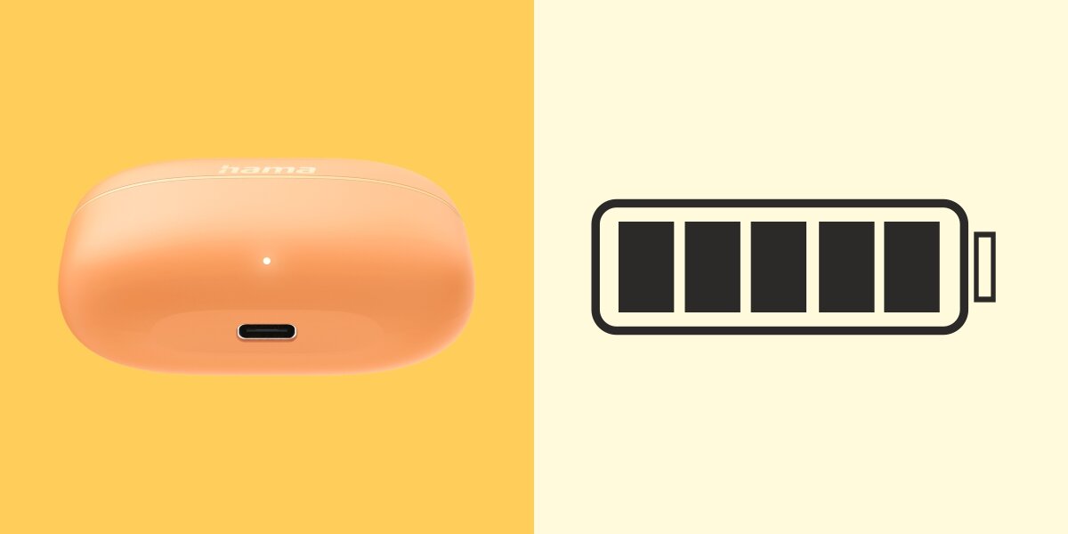 Słuchawki dokanałowe HAMA Freedom Buddy II - Energia na cały dzień, USB-C, osoba z założonymi słuchawkami dokanałowymi, etui ładujące od dołu na żółtym tle