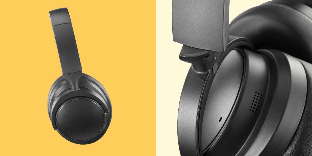 Słuchawki nauszne HAMA Spirit Silent ANC - Świadomość otoczenia, tryb dźwięków otoczenia, słuchawki nauszne z boku na żółtym tle