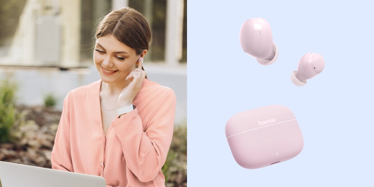 Słuchawki dokanałowe HAMA Freedom Buddy II - Rozmowy bez zakłóceń, ENC, Zintegrowany mikrofon, osoba z założonymi słuchawkami dokanałowymi