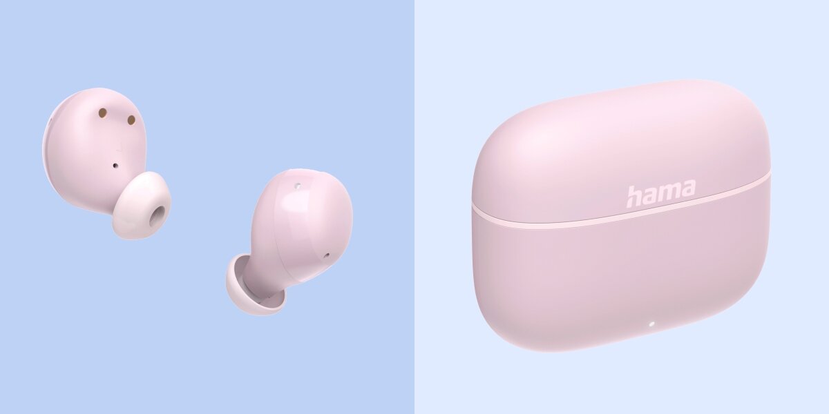 Słuchawki dokanałowe HAMA Freedom Buddy II - Intuicyjna obsługa, Dotykowy panel, sterowanie odtwarzaniem i połączeniami, Bluetooth, słuchawki wraz z etui ładującym na niebieskim tle