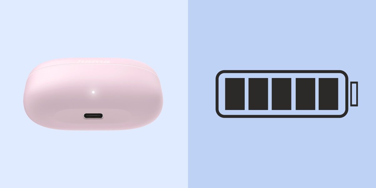 Słuchawki dokanałowe HAMA Freedom Buddy II - Energia na cały dzień, USB-C, osoba z założonymi słuchawkami dokanałowymi, etui ładujące od dołu na niebieskim tle