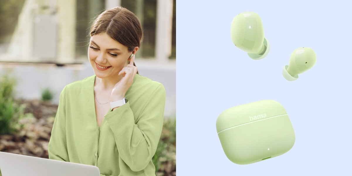 Słuchawki dokanałowe HAMA Freedom Buddy II - Rozmowy bez zakłóceń, ENC, Zintegrowany mikrofon, osoba z założonymi słuchawkami dokanałowymi