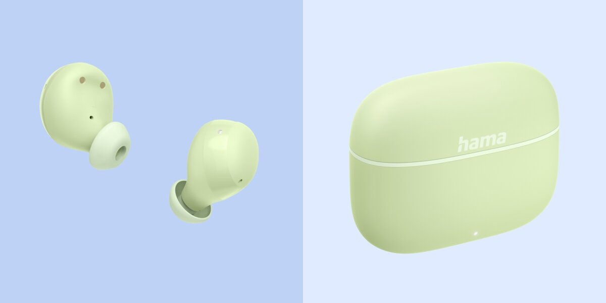 Słuchawki dokanałowe HAMA Freedom Buddy II - Intuicyjna obsługa, Dotykowy panel, sterowanie odtwarzaniem i połączeniami, Bluetooth, słuchawki wraz z etui ładującym na niebieskim tle