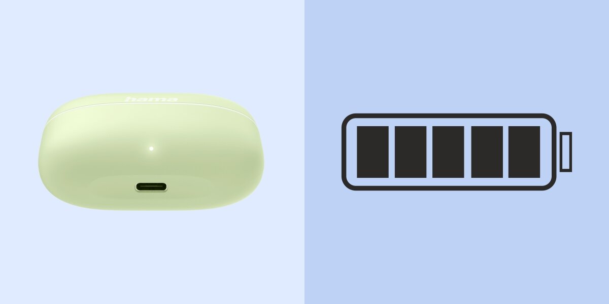 Słuchawki dokanałowe HAMA Freedom Buddy II - Energia na cały dzień, USB-C, osoba z założonymi słuchawkami dokanałowymi, etui ładujące od dołu na niebieskim tle