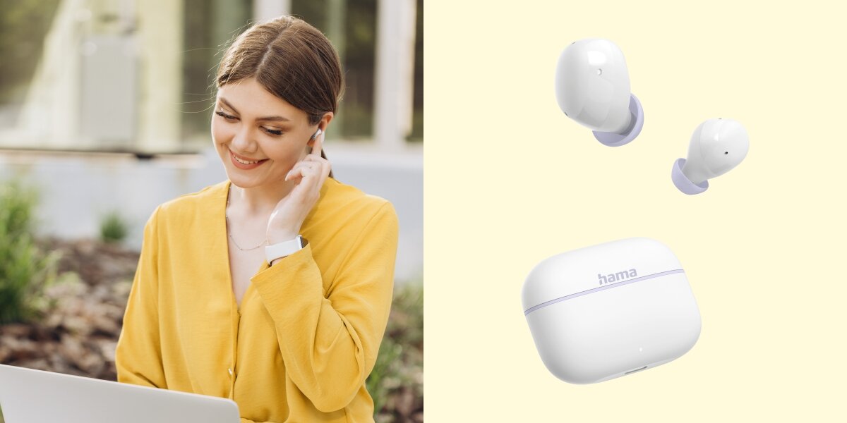 Słuchawki dokanałowe HAMA Freedom Buddy II - Rozmowy bez zakłóceń, ENC, Zintegrowany mikrofon, osoba z założonymi słuchawkami dokanałowymi