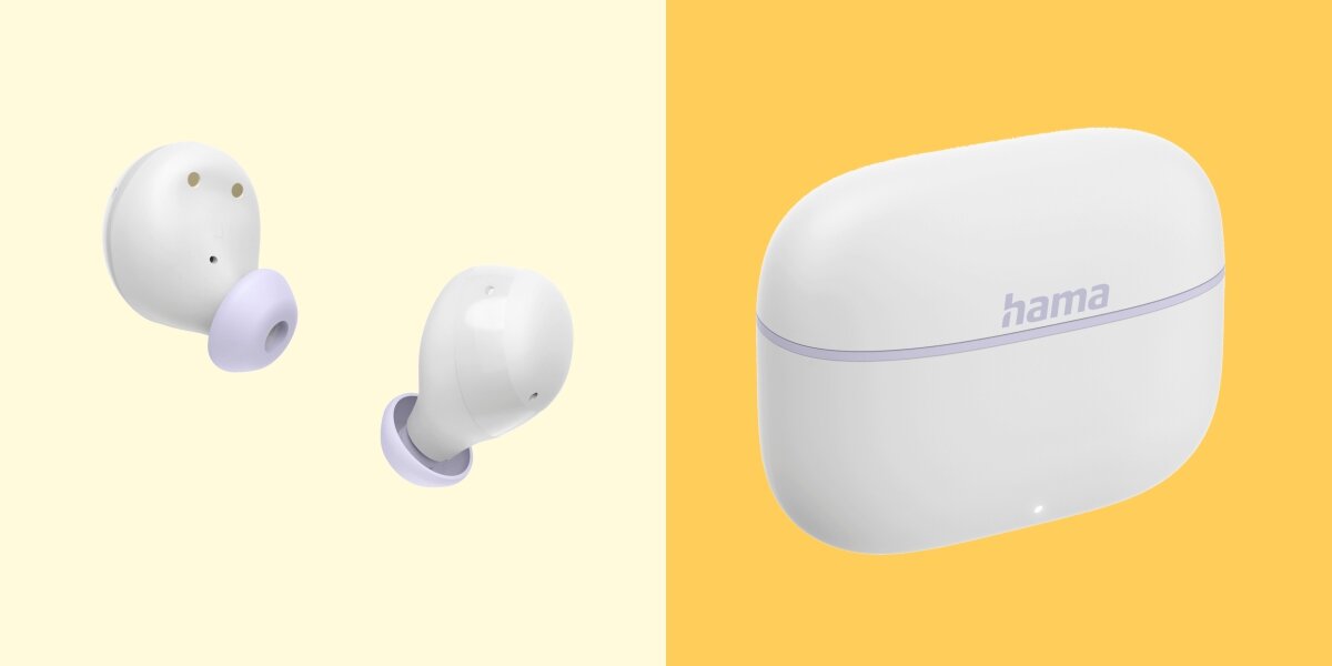 Słuchawki dokanałowe HAMA Freedom Buddy II - Intuicyjna obsługa, Dotykowy panel, sterowanie odtwarzaniem i połączeniami, Bluetooth, słuchawki na jasnym tle, etui ładujące na żółtym tle