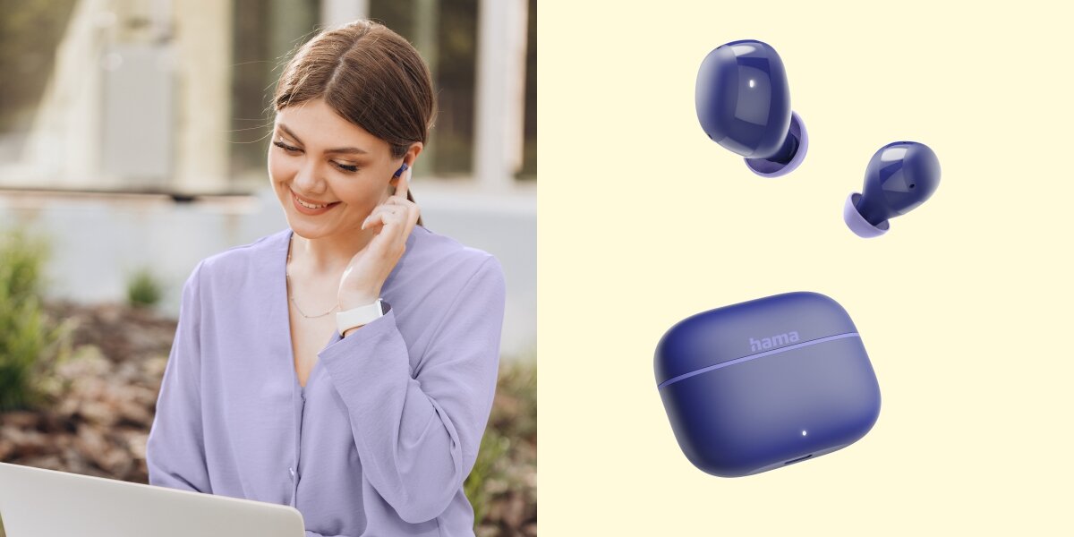 Słuchawki dokanałowe HAMA Freedom Buddy II - Rozmowy bez zakłóceń, ENC, Zintegrowany mikrofon, osoba z założonymi słuchawkami dokanałowymi