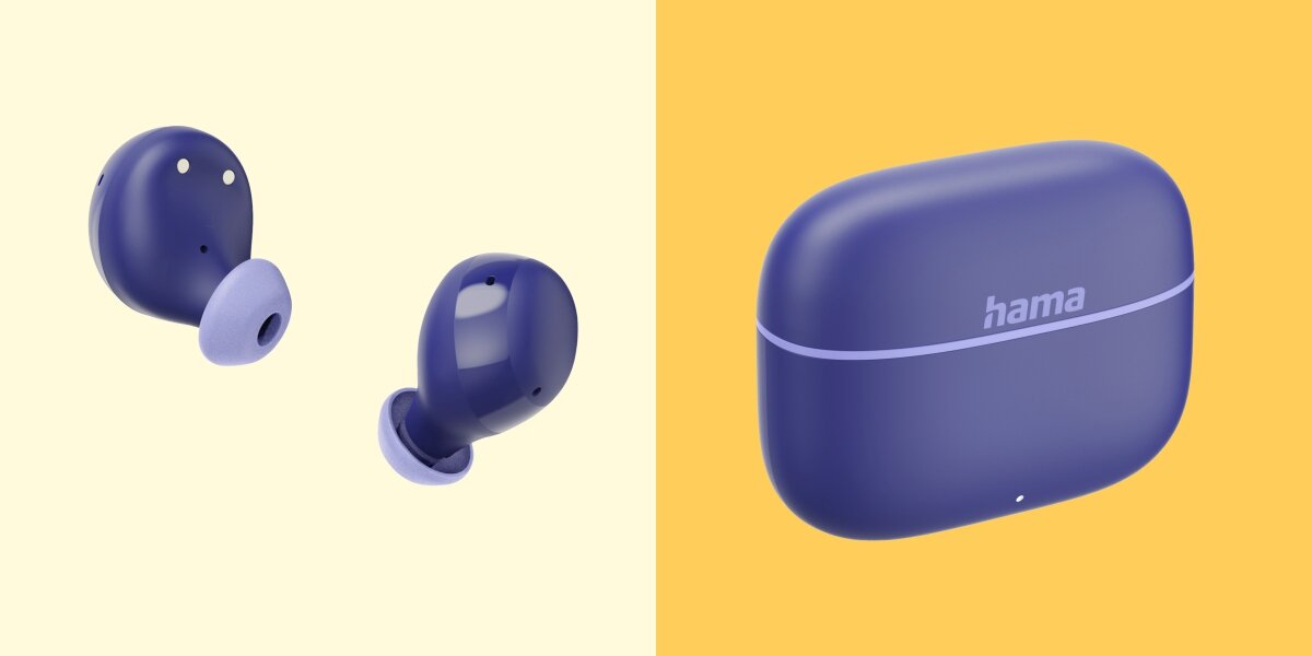Słuchawki dokanałowe HAMA Freedom Buddy II - Intuicyjna obsługa, Dotykowy panel, sterowanie odtwarzaniem i połączeniami, Bluetooth, słuchawki na jasnym tle, etui ładujące na żółtym tle