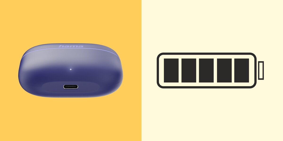 Słuchawki dokanałowe HAMA Freedom Buddy II - Energia na cały dzień, USB-C, osoba z założonymi słuchawkami dokanałowymi, etui ładujące od dołu na żółtym tle