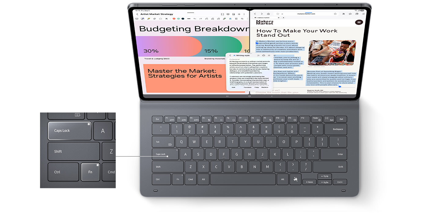 Widok z góry na Galaxy Tab S11 Ultra z założoną klawiaturą Book Cover Keyboard Slim, wyświetlający Samsung Notes i stronę internetową w widoku podzielonym, z włączoną funkcją Writing Assist. Zbliżenie pokazuje klawisze Caps Lock i Fn z włączonymi diodami LED.  Widok z góry na Galaxy Tab S11 Ultra z założoną klawiaturą Book Cover Keyboard Slim, wyświetlający Samsung Notes i stronę internetową w widoku podzielonym, z włączoną funkcją Writing Assist. Zbliżenie pokazuje klawisze Caps Lock i Fn z włączonymi diodami LED.