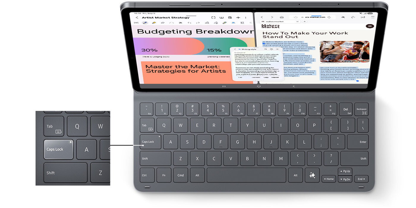 Widok z góry na Galaxy Tab S11 z założoną klawiaturą Book Cover Keyboard Slim, wyświetlający Samsung Notes i stronę internetową w widoku podzielonym, z włączoną funkcją Writing Assist. Zbliżenie pokazuje klawisz Caps Lock z włączonymi diodami LED. 