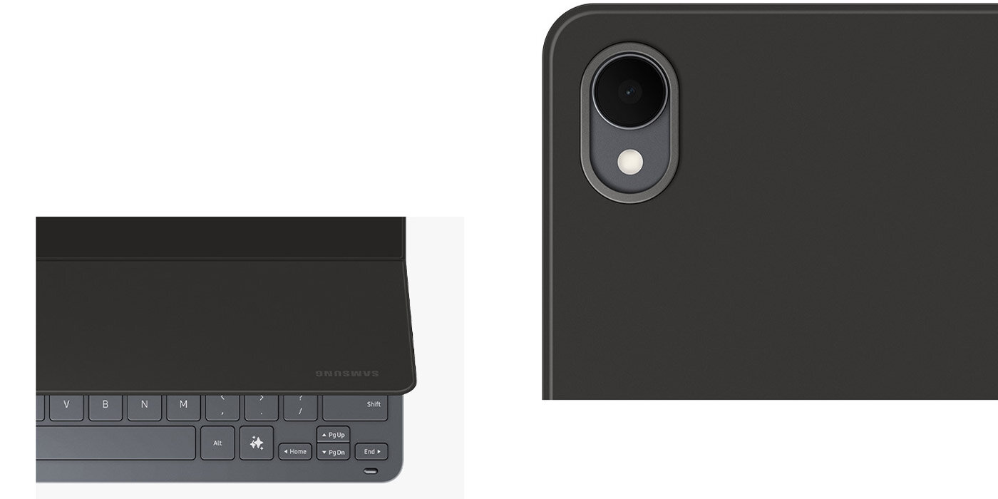 Zbliżenie na klawiaturę Book Cover Keyboard Slim do Galaxy Tab S11 z eleganckim tyłem i metalową ramką wokół jednego z tylnych aparatów. Kolejne zbliżenie klawiatury pod innym kątem z częściowo otwartą pokrywą.