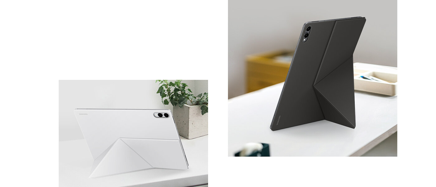 Białe etui Book Cover, obejmujące Galaxy Tab S11 Ultra w trybie poziomym z podpórką z tyłu złożoną w trójkąt. Kolejny Tab S11 Ultra z czarnym etui Book Cover, w trybie pionowym, aby zapewnić stabilne i wygodne korzystanie z urządzenia bez użycia rąk, zarówno w pionie, jak i w poziomie. Białe etui Book Cover, obejmujące Galaxy Tab S11 Ultra w trybie poziomym z podpórką z tyłu złożoną w trójkąt. Kolejny Tab S11 Ultra z czarnym etui Book Cover, w trybie pionowym, aby zapewnić stabilne i wygodne korzystanie z urządzenia bez użycia rąk, zarówno w pionie, jak i w poziomie.