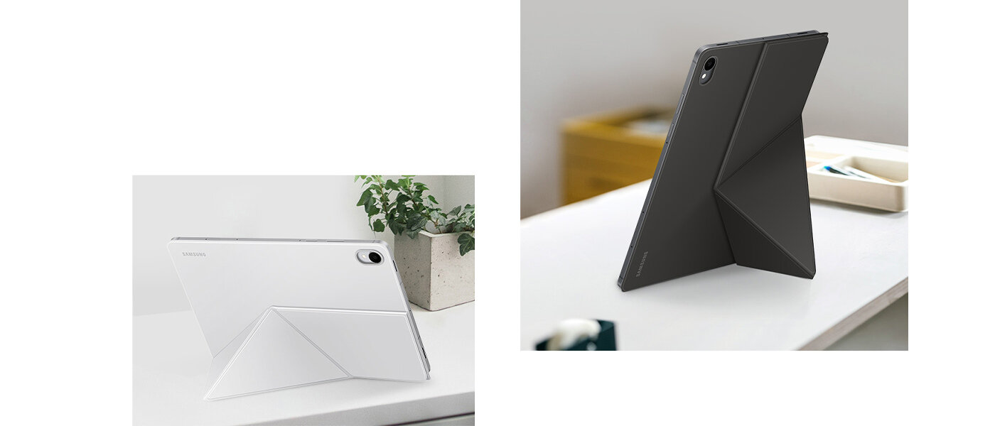 Białe Book Cover nałożone na Galaxy Tab S11 ustawionym w trybie poziomym z podstawką z tyłu złożoną w trójkąt. Kolejny Tab S11 z czarnym Book Cover, w trybie pionowym, aby zapewnić stabilne i wygodne korzystanie z urządzenia bez użycia rąk, zarówno w pionie, jak i w poziomie. Białe Book Cover nałożone na Galaxy Tab S11 ustawionym w trybie poziomym z podstawką z tyłu złożoną w trójkąt. Kolejny Tab S11 z czarnym Book Cover, w trybie pionowym, aby zapewnić stabilne i wygodne korzystanie z urządzenia bez użycia rąk, zarówno w pionie, jak i w poziomie.