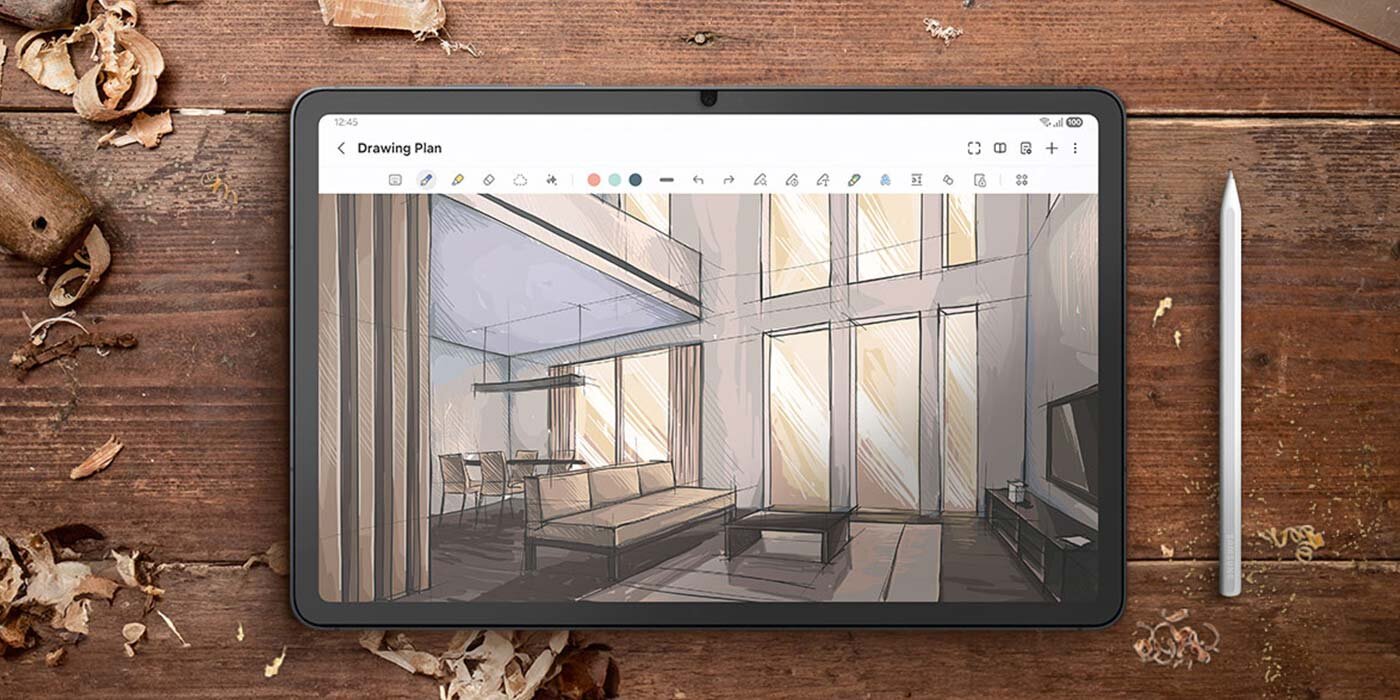 Galaxy Tab S11 leży na drewnianej powierzchni otoczonej wiórami drzewnymi, a obok niego znajduje się rysik S Pen. Na ekranie w aplikacji Galaxy Note widoczny jest szkic salonu. Galaxy Tab S11 leży na drewnianej powierzchni otoczonej wiórami drzewnymi, a obok niego znajduje się rysik S Pen. Na ekranie w aplikacji Galaxy Note widoczny jest szkic salonu.
