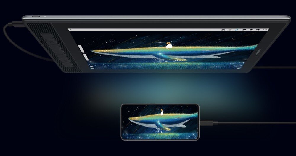 Tablet graficzny HUION Kamvas Pro 16 2.5K smartfon podłączenie zasilanie
