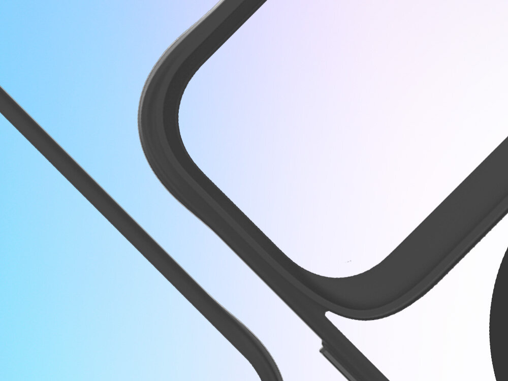 Etui 3MK Satin Guardx MagCase do Apple iPhone 17 Pro Czarny, unikatowe, ramka, satynowa, komfort, na niebieskim tle pod skosem kawałek etui górnej partii oraz tylna część