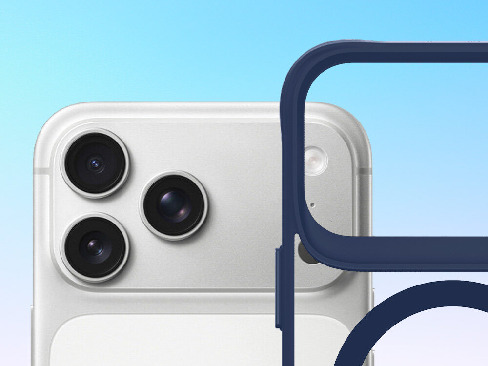 Etui 3MK Satin Guardx MagCase do Apple iPhone 17 Pro Niebieski, ochrona, obudowa, odporność, przydymiony, na niebieskim tle smartfon apple od połowy w górę oraz obok etui w tej samej pozycji