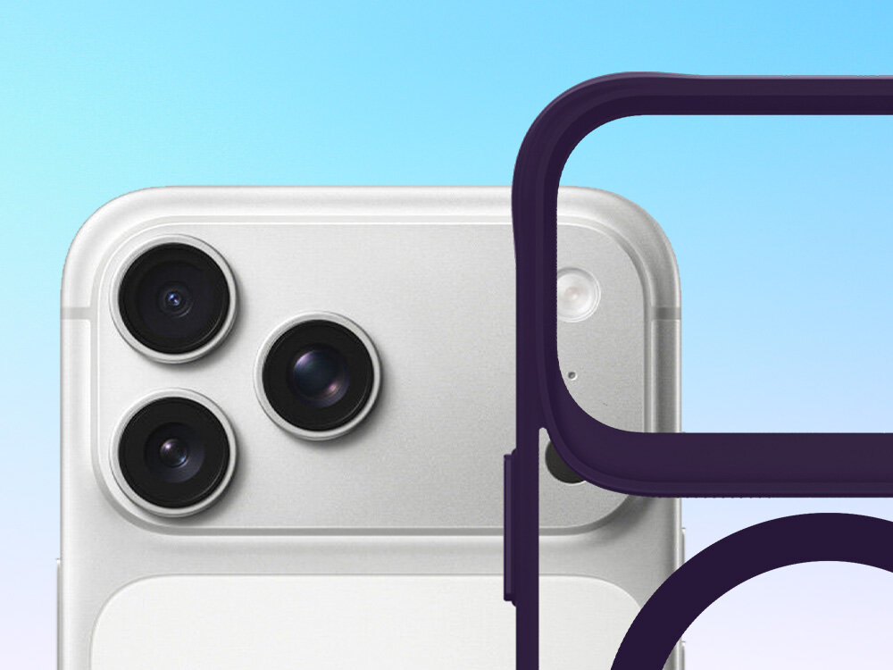 Etui 3MK Satin Guardx MagCase do Apple iPhone 17 Pro Fioletowy, ochrona, obudowa, odporność, przydymiony, na niebieskim tle smartfon apple od połowy w górę oraz obok etui w tej samej pozycji