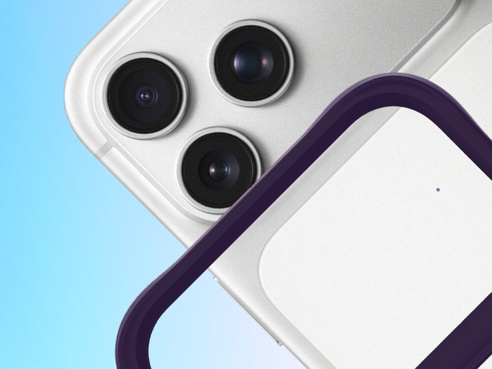 Etui 3MK Satin Guardx MagCase do Apple iPhone 17 Pro Fioletowy, Kompatybilne, technologią, MagCase, MagSafe, niebieskim tle pod skosem od połowy w górę etui oraz smartfon