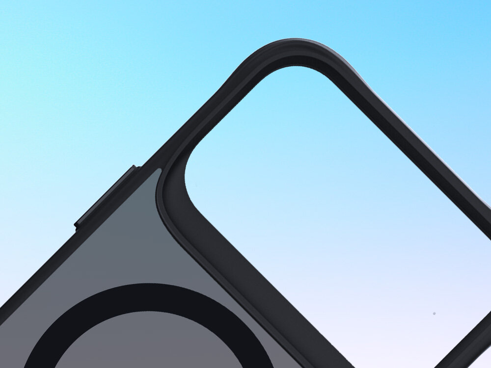 Etui 3MK Smoke Guardx MagCase do Apple iPhone 17 Pro Czarny, ochrona, oryginalny, wysublimowany, spojrzenia, na niebieskim tle pod skosem od połowy w górę etui