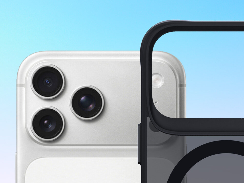 Etui 3MK Smoke Guardx MagCase do Apple iPhone 17 Pro Max Czarny, ochrona, obudowa, odporność, przydymiony, na niebieskim tle smartfon apple od połowy w górę oraz obok etui w tej samej pozycji