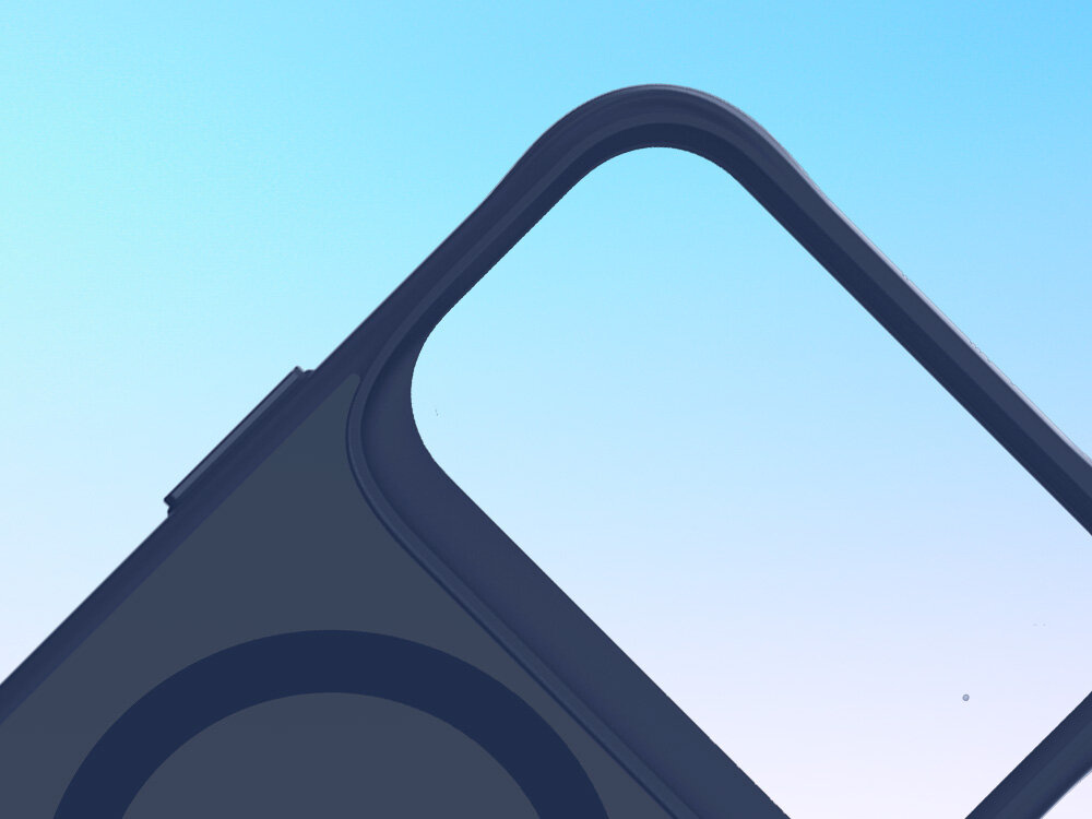 Etui 3MK Smoke Guardx MagCase do Apple iPhone 17 Pro Niebieski, ochrona, testy, Military Grade, chwyt, pewny, na niebieskim tle górna część smartfona apple oraz etui