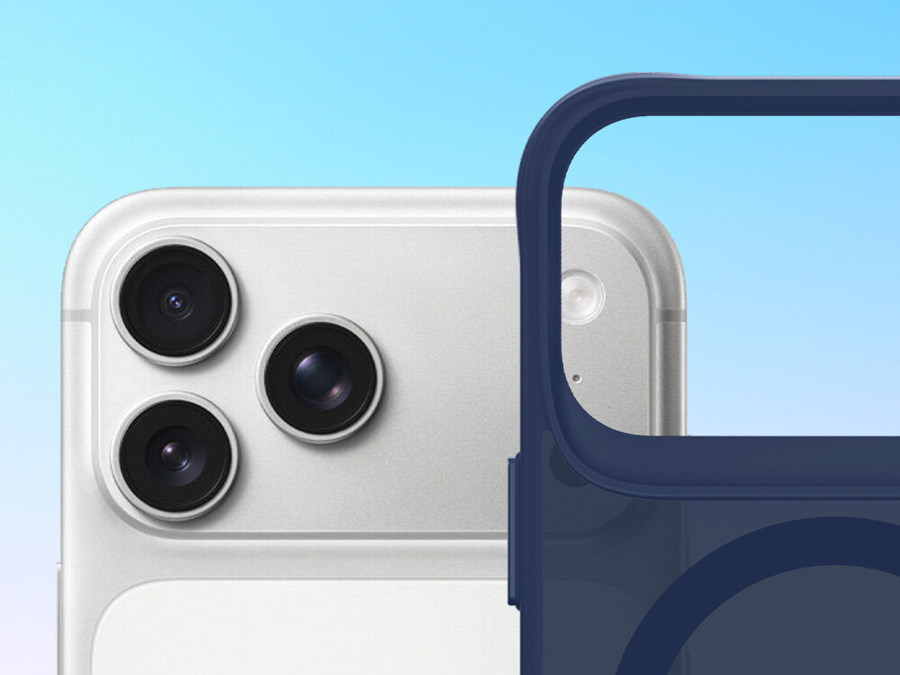 Etui 3MK Smoke Guardx MagCase do Apple iPhone 17 Pro Max Niebieski, ochrona, obudowa, odporność, przydymiony, na niebieskim tle smartfon apple od połowy w górę oraz obok etui w tej samej pozycji