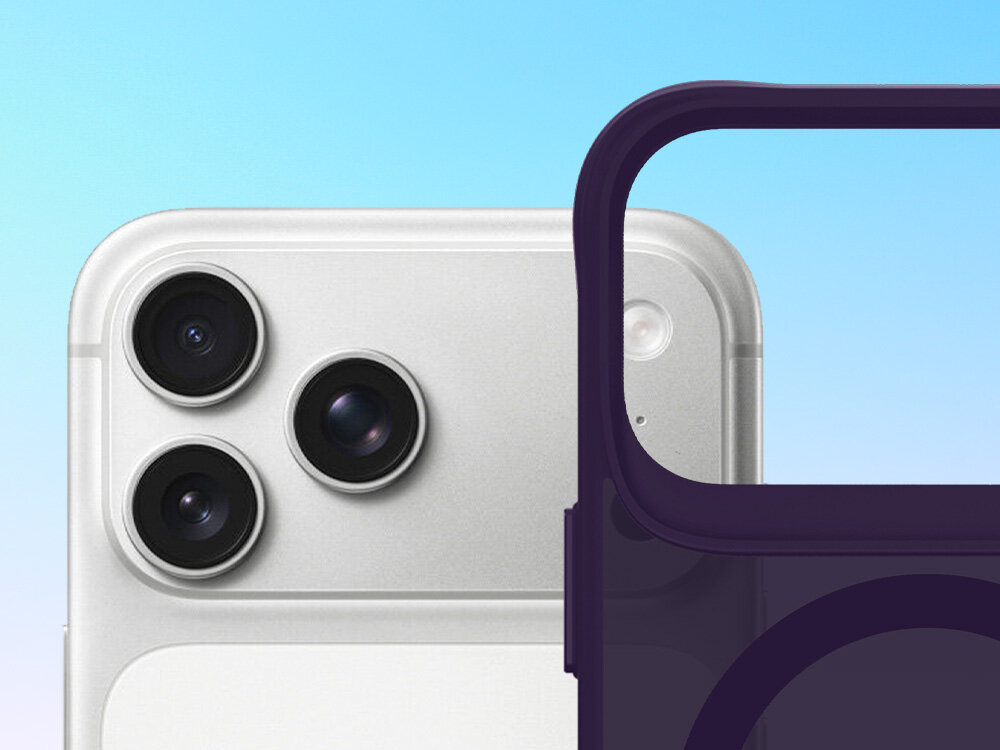 Etui 3MK Smoke Guardx MagCase do Apple iPhone 17 Pro Fioletowy, ochrona, obudowa, odporność, przydymiony, na niebieskim tle smartfon apple od połowy w górę oraz obok etui w tej samej pozycji