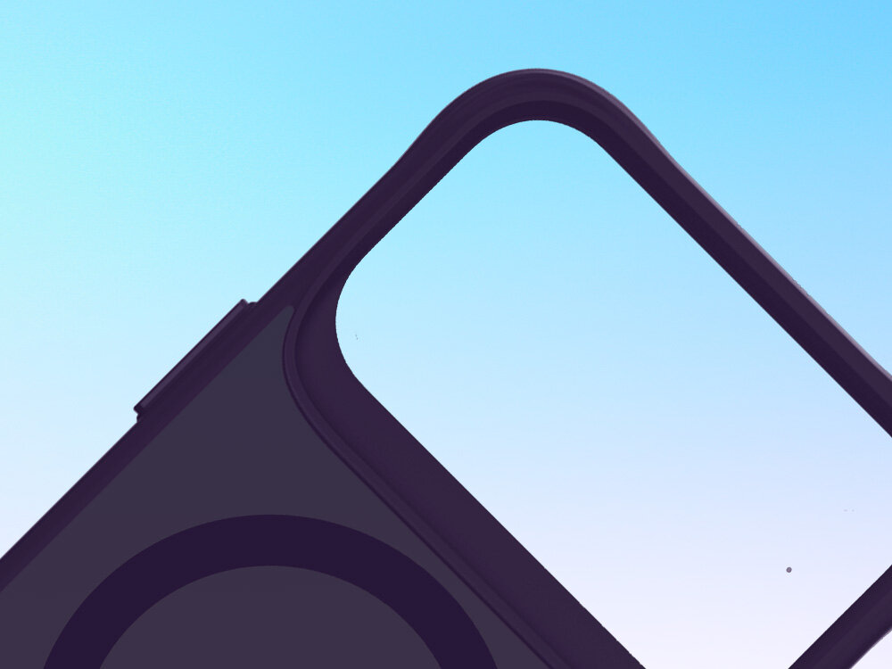 Etui 3MK Smoke Guardx MagCase do Apple iPhone 17 Pro Fioletowy, ochrona, testy, Military Grade, chwyt, pewny, na niebieskim tle górna część smartfona apple oraz etui