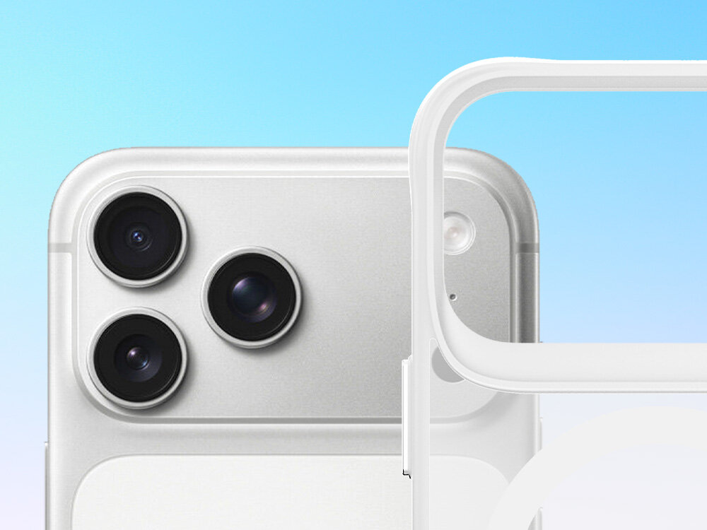 Etui 3MK Smoke Guardx MagCase do Apple iPhone 17 Pro Biały, ochrona, obudowa, odporność, przydymiony, na niebieskim tle smartfon apple od połowy w górę oraz obok etui w tej samej pozycji