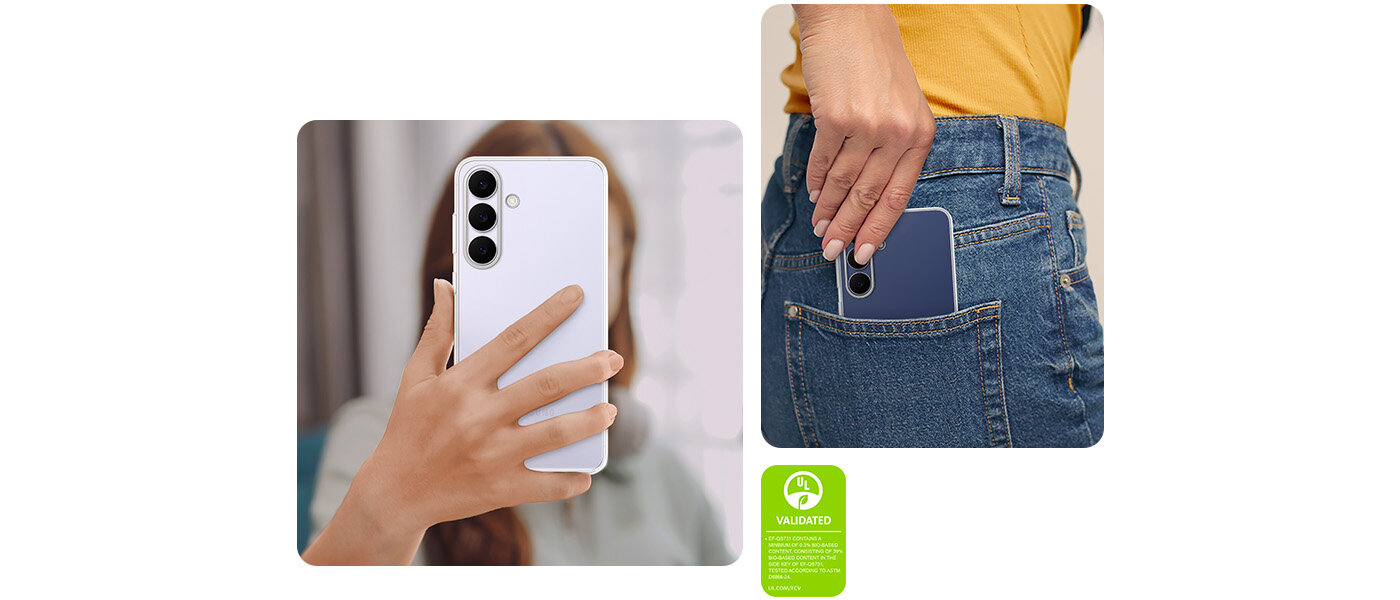 Górna połowa przezroczystego etui i górna połowa tylnej części Galaxy S25 FE. Jedna trzecia prawej strony przezroczystego etui zakrywa jedną trzecią lewej strony Galaxy S25 FE, wliczając w to obiektywy tylnego aparatu. Górna połowa przezroczystego etui i górna połowa tylnej części Galaxy S25 FE. Jedna trzecia prawej strony przezroczystego etui zakrywa jedną trzecią lewej strony Galaxy S25 FE, wliczając w to obiektywy tylnego aparatu.