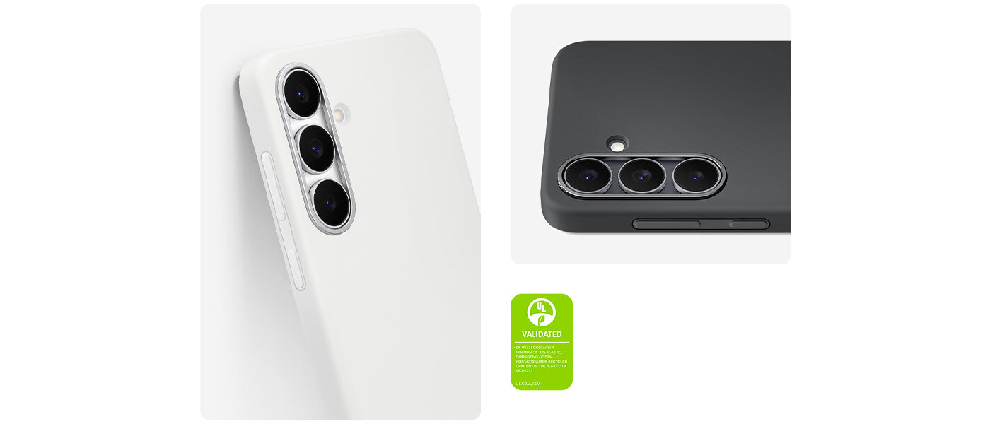 Dwa Galaxy S25 FE w silikonowym etui są pokazane tylko od góry, od tyłu z obiektywami aparatu. Jeden jest w białym, a drugi w czarnym silikonowym etui. Na zdjęciu znajduje się znak UL Environmental Claim Validation z napisem EF-PS731. Zawiera minimum 33% plastiku, w tym 50% materiałów pochodzących z recyklingu poużytkowego w plastiku EF-PS731. UL.COM/ECV. Dwa Galaxy S25 FE w silikonowym etui są pokazane tylko od góry, od tyłu z obiektywami aparatu. Jeden jest w białym, a drugi w czarnym silikonowym etui. Na zdjęciu znajduje się znak UL Environmental Claim Validation z napisem EF-PS731. Zawiera minimum 33% plastiku, w tym 50% materiałów pochodzących z recyklingu poużytkowego w plastiku EF-PS731. UL.COM/ECV.