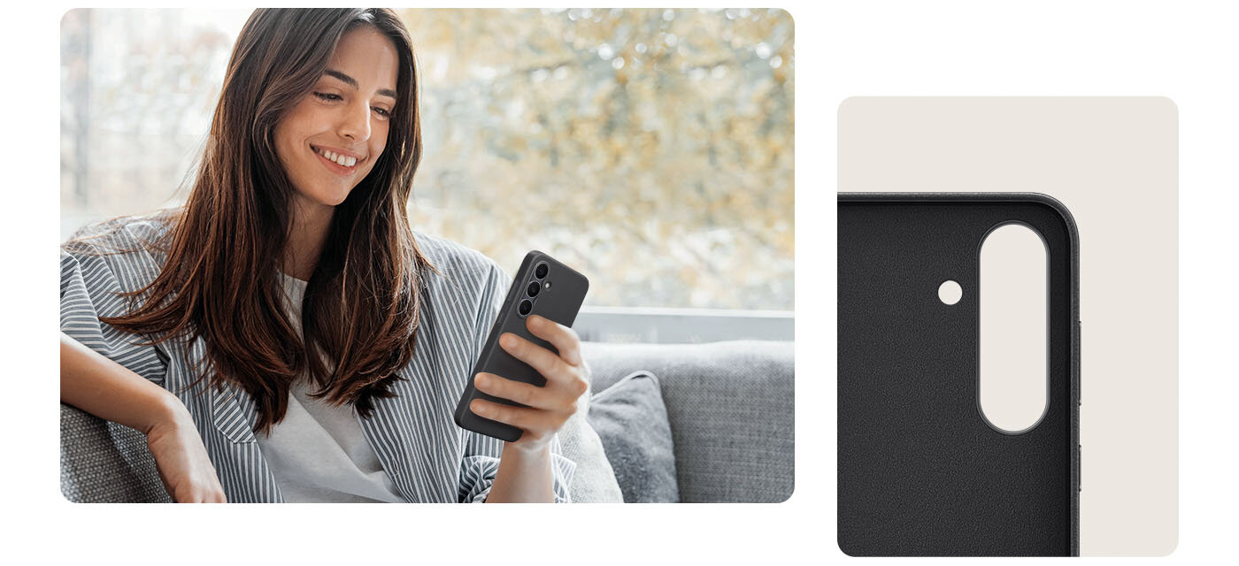 Młoda kobieta siedząca na kanapie, uśmiecha się i obsługuje telefon w etui Kindsuit lewą ręką. Na innym zdjęciu widać zbliżenie wewnętrznej powierzchni etui Kindsuit, wyściełanej materiałem typu micro twill. Młoda kobieta siedząca na kanapie, uśmiecha się i obsługuje telefon w etui Kindsuit lewą ręką. Na innym zdjęciu widać zbliżenie wewnętrznej powierzchni etui Kindsuit, wyściełanej materiałem typu micro twill.