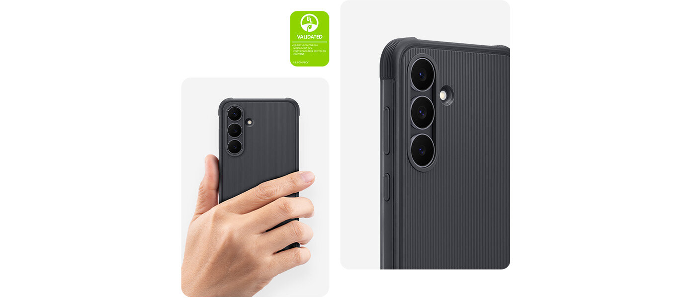 Dłoń trzyma Galaxy S25 FE z zamontowanym etui Rugged Case. Na innym zdjęciu ten sam telefon i etui zostały sfotografowane z bliska, ukazując lewy górny róg, gdzie znajdują się obiektywy. Na zdjęciu widoczny jest znak walidacji ekologicznej UL z napisem EF-RS731. Zawiera minimum 14% materiałów pochodzących z recyklingu pokonsumenckiego. UL.COM/ECV. Dłoń trzyma Galaxy S25 FE z zamontowanym etui Rugged Case. Na innym zdjęciu ten sam telefon i etui zostały sfotografowane z bliska, ukazując lewy górny róg, gdzie znajdują się obiektywy. Na zdjęciu widoczny jest znak walidacji ekologicznej UL z napisem EF-RS731. Zawiera minimum 14% materiałów pochodzących z recyklingu pokonsumenckiego. UL.COM/ECV.