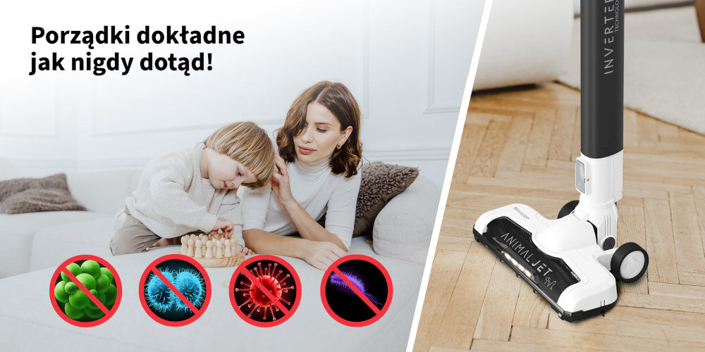 Odkurzacz SHARP SA-VP4001AQ Elektroszczotka AnimalJet podświetlenie LED trzy ssawki Elastyczna końcówka Ssawka szczelinowa XL minielektroszczotka nakładka mopująca