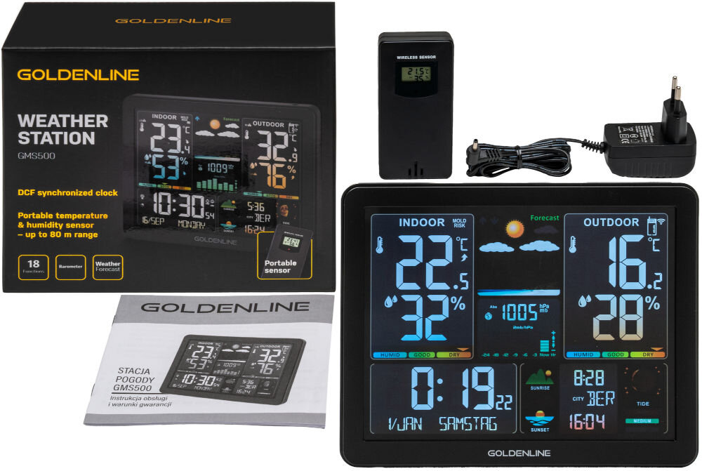 Stacja pogody GOLDENLINE GMS500 elementy zestawu stacja czujnik zasilacz instrukcja