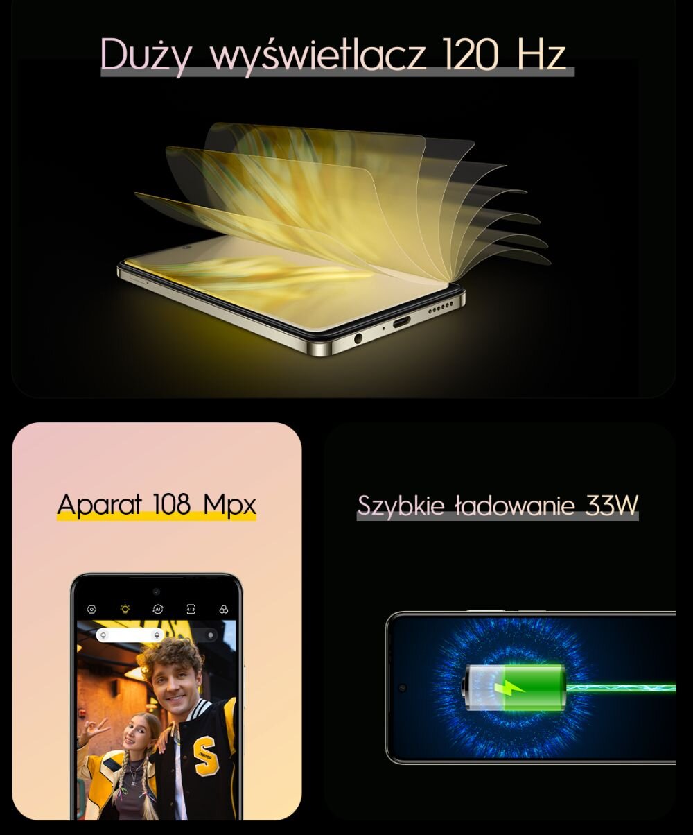 Smartfon TECNO Spark 20 Pro ekran bateria aparat procesor ram pamięć pojemność rozdzielczość zdjęcia filmy opis dane cechy blokady system łączność wifi bluetooth obudowa szkło odporność porty muzyka transfer sieć przekątna matryca waga czujniki oled amoled ips